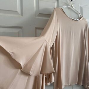 Milly Tan Asymmetrical Ruffled Bell Sleeve Blouse